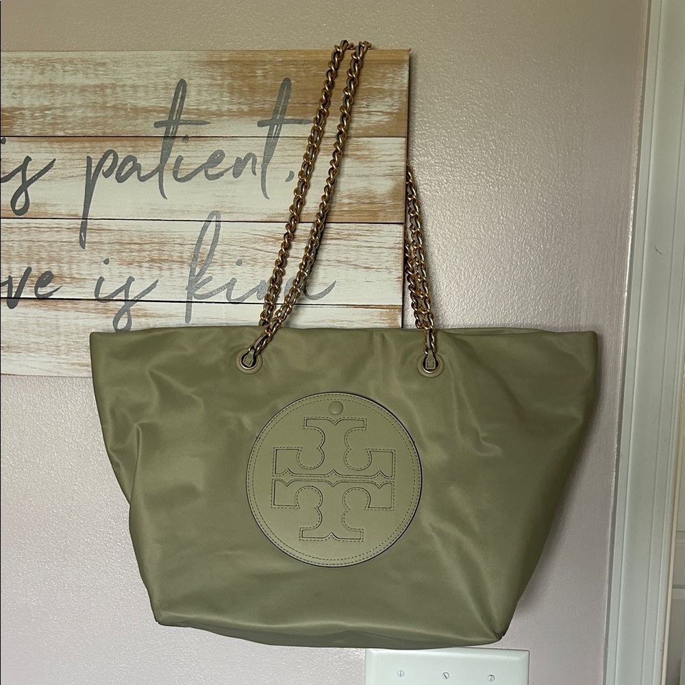 Tory Burch sage green Nylon Tote with Gold Chain Handles